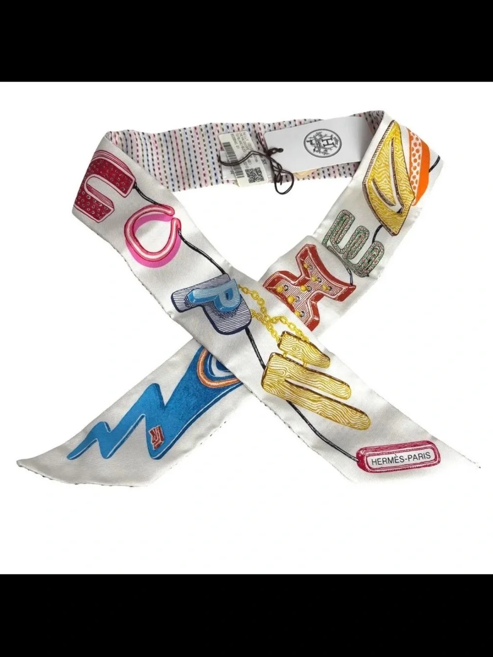 Hermes White Multicolor Silk Twilly Scarf